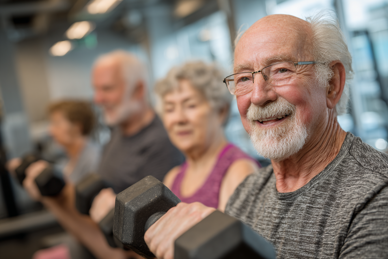 Adultos mayores disfrutando actividad física en grupo